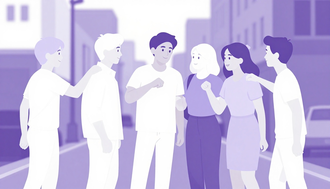 A group of young friends bumping fists together on a city street corner