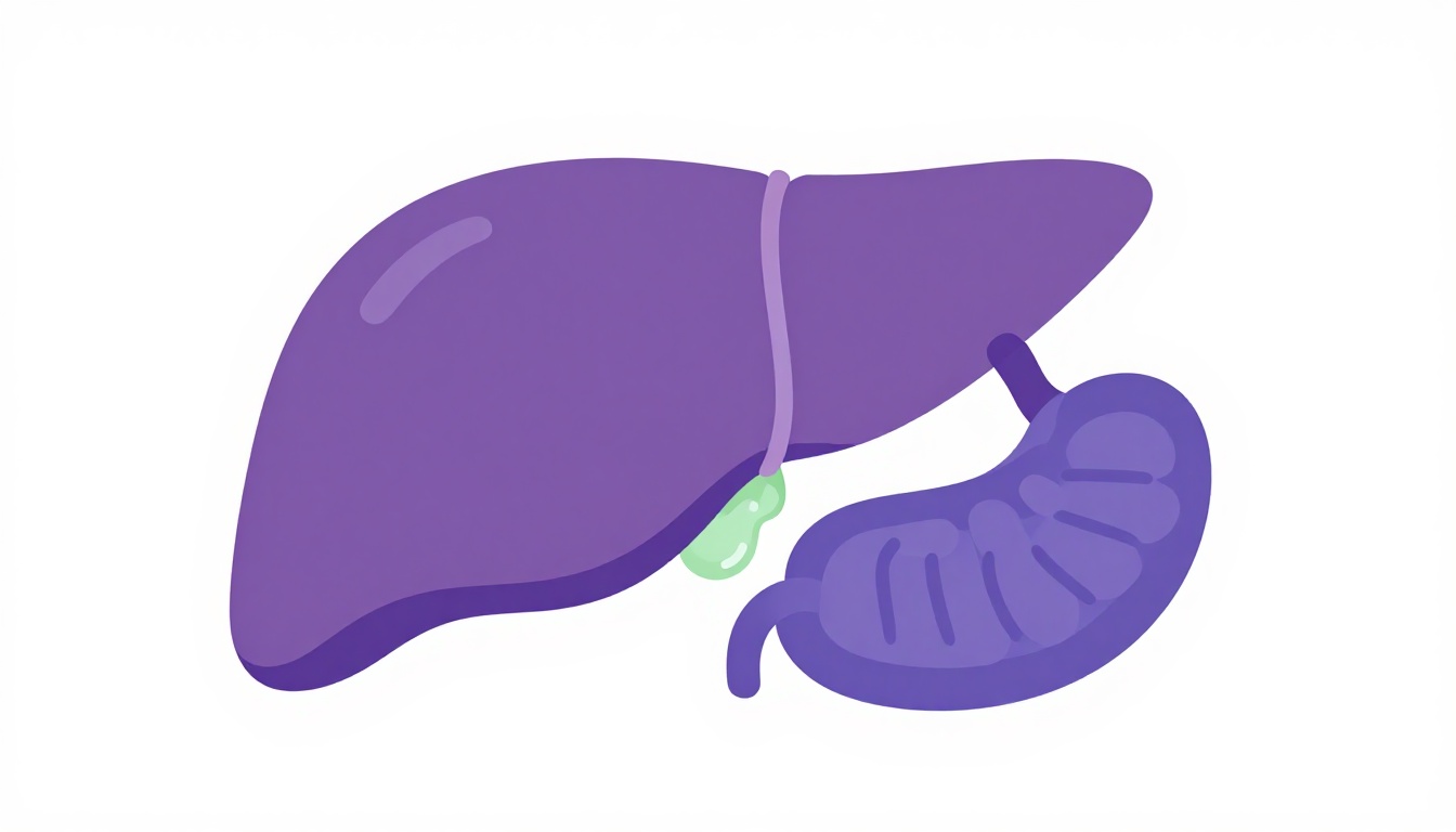 Illustration of the liver with the small green gallbladder tucked underneath it and the stomach beside it