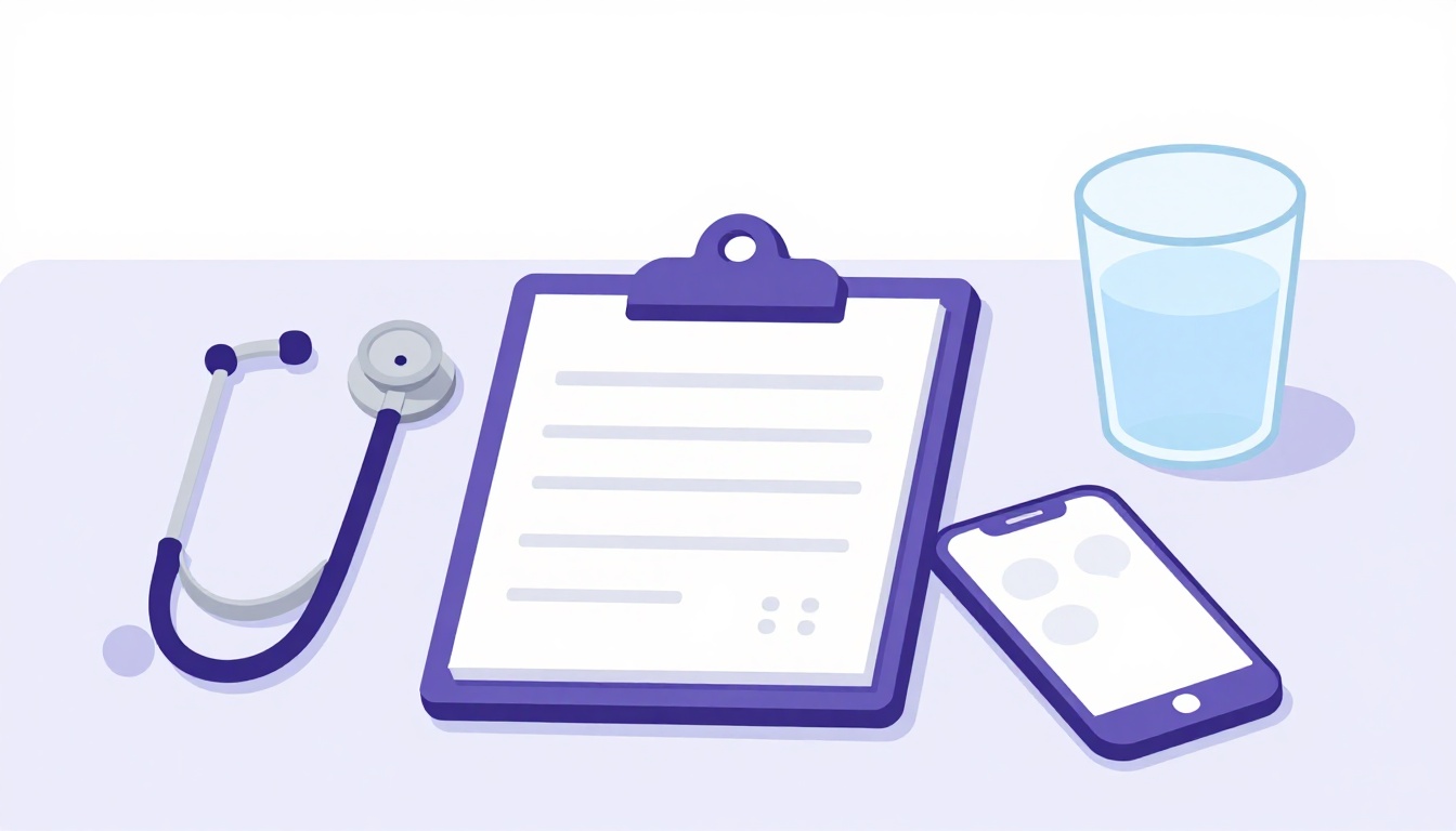 Doctor's desk with a stethoscope, clipboard, glass of water and phone, ready for a medical appointment in Portuguese