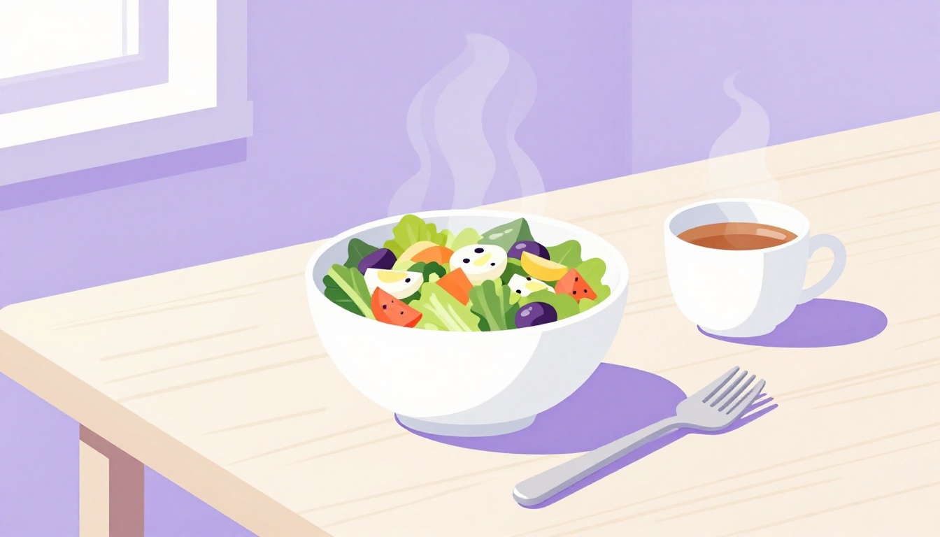 Light healthy meal with a salad bowl, fork and cup of tea for eating gently after gallbladder surgery