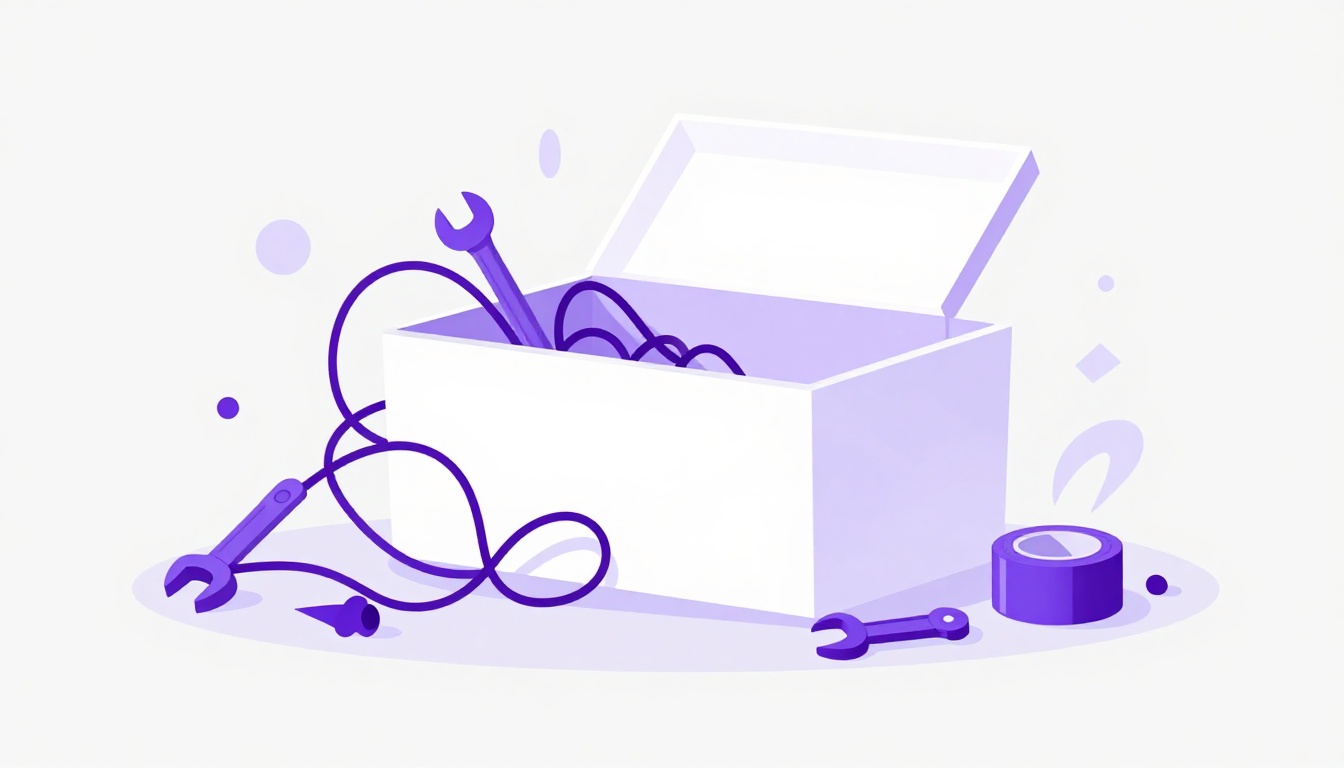 Uma caixa de ferramentas aberta com fios emaranhados e peças improvisadas ao redor