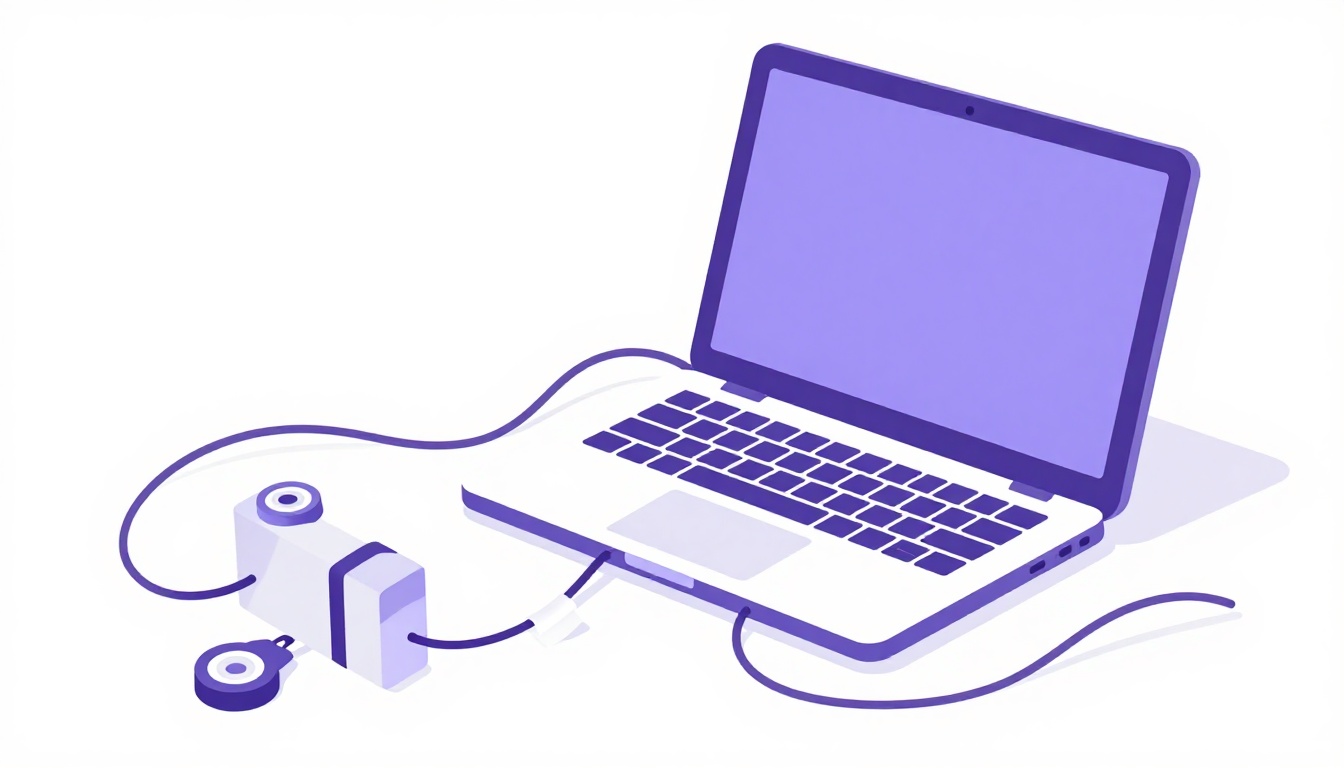 Um laptop com fita adesiva prendendo um cabo e vários fios emaranhados ao redor do teclado