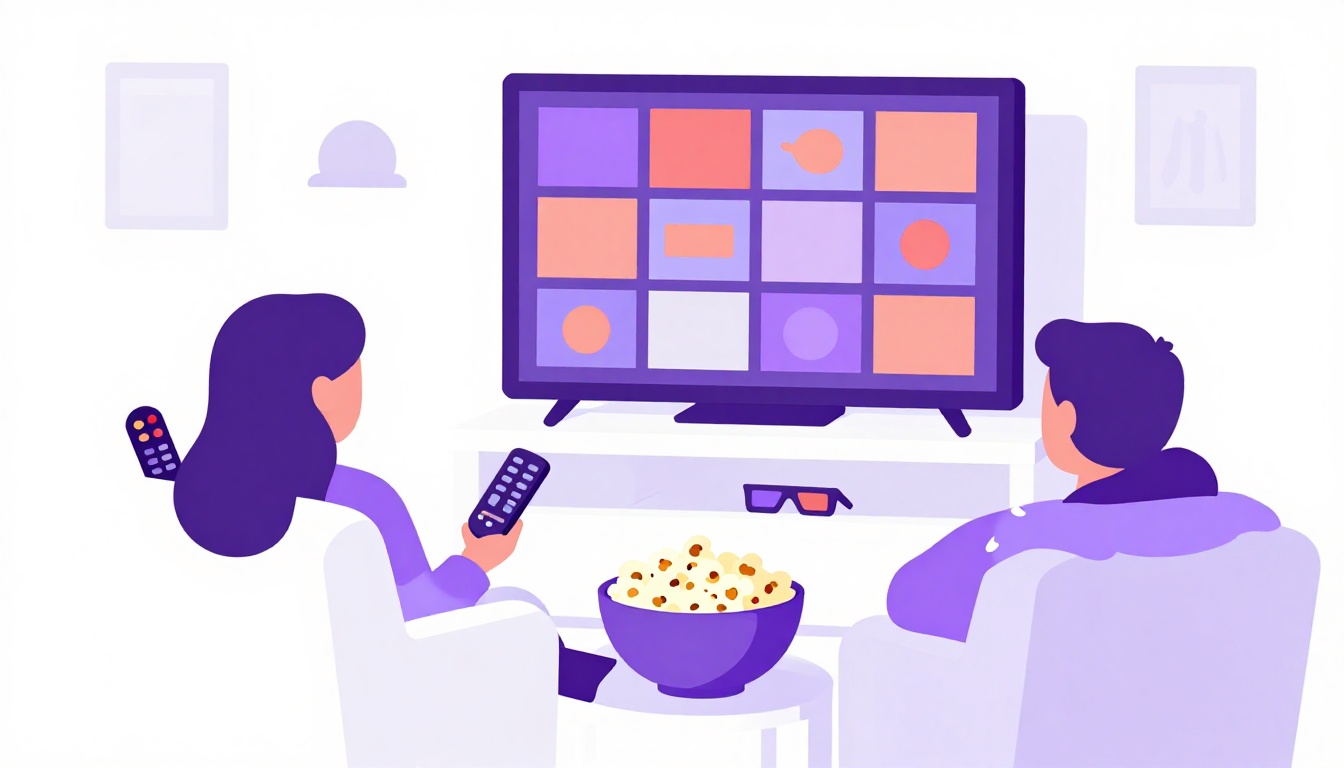 Pipoca, óculos 3D e controle remoto no sofá para escolher um filme em inglês
