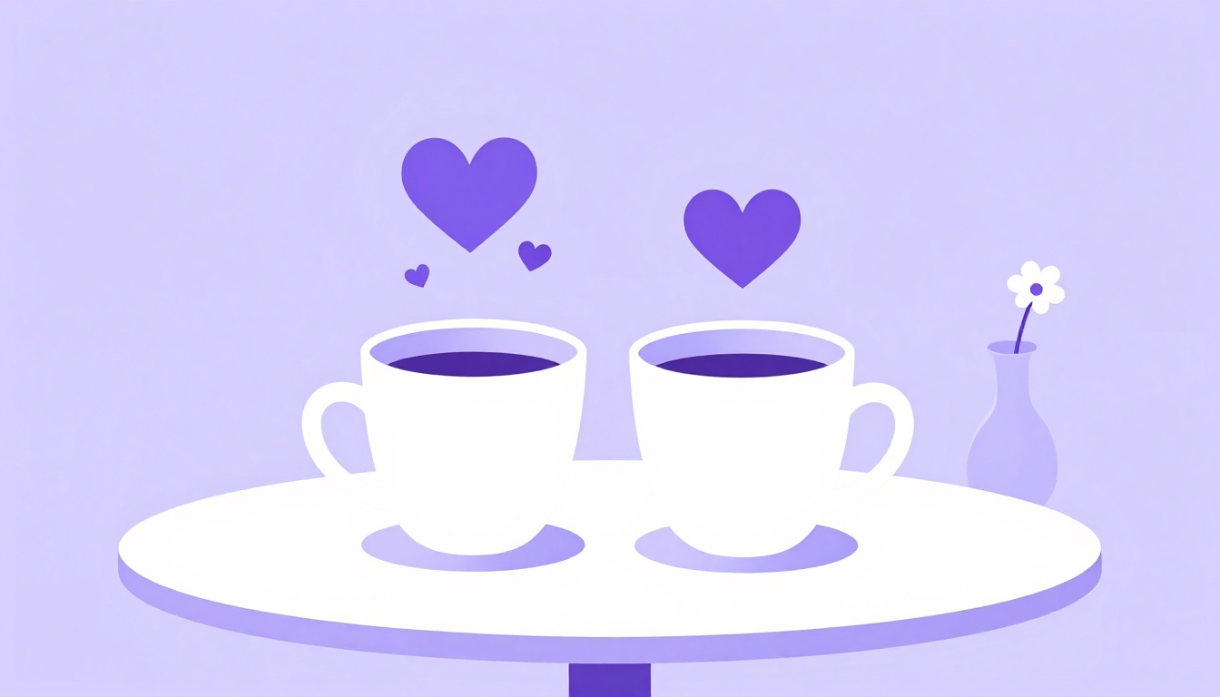 Two coffee cups close together on a cafe table with tiny hearts of steam, representing a couple dating