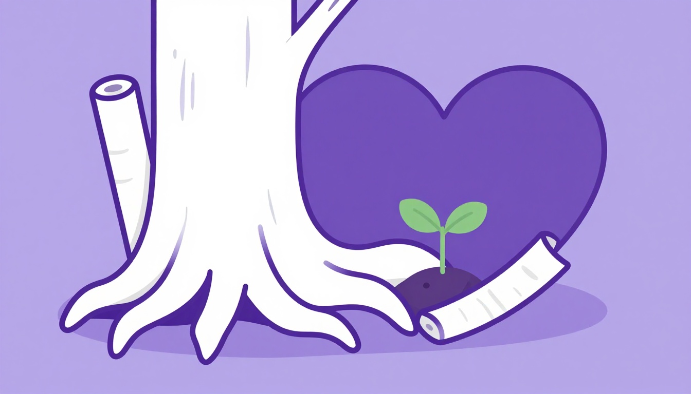 An old tree with roots shaped like a heart beside a sapling, representing the Latin roots of namorada