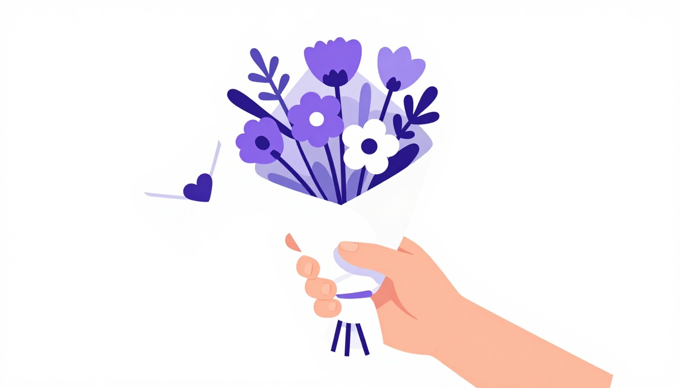 A hand holding a small bouquet next to an envelope with a heart seal, representing asking someone to be your girlfriend
