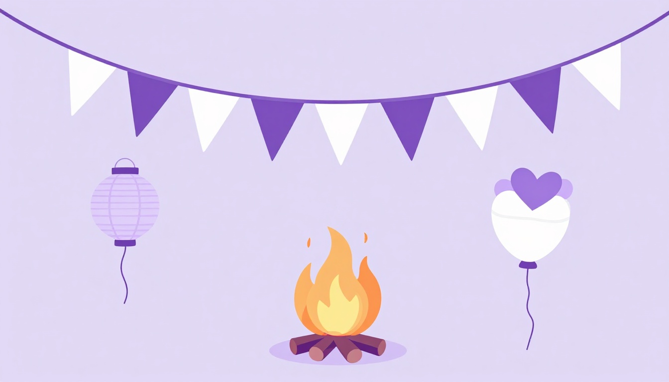 Festive bunting, a paper lantern, a bonfire and a heart balloon, representing the June 12 Dia dos Namorados celebration