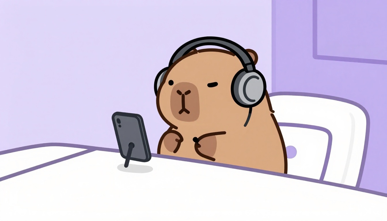 A capybara wearing headphones and speaking into a microphone, representing practicing Portuguese out loud with Comigo