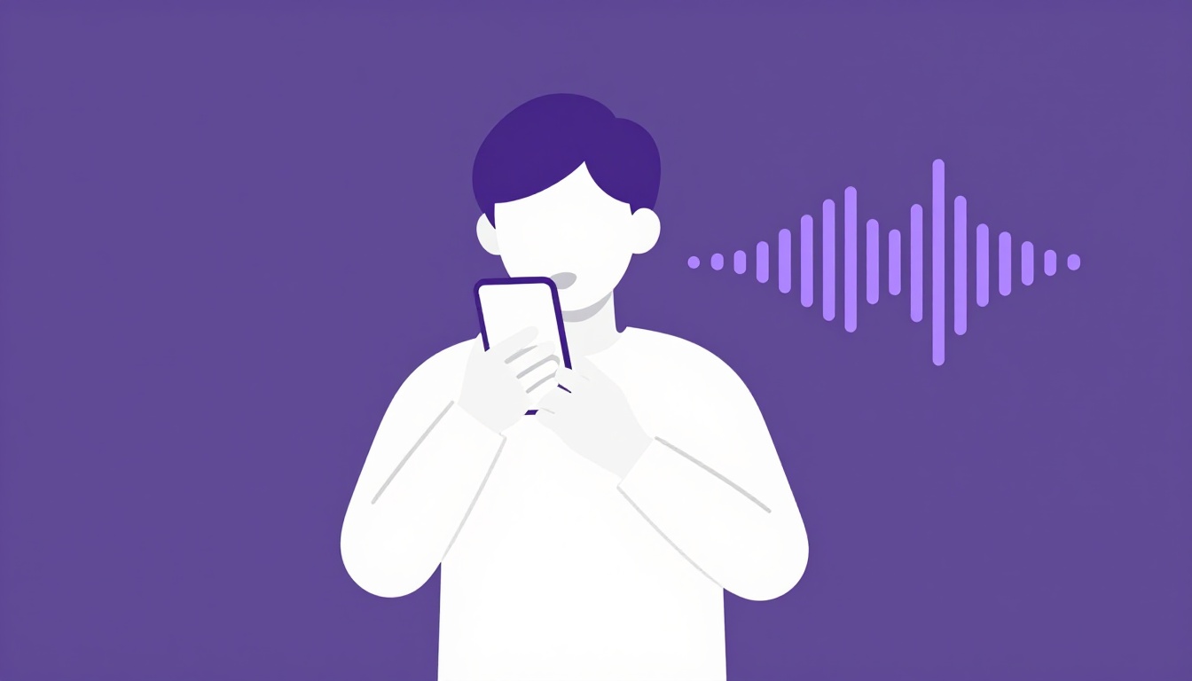 A person practicing pronunciation out loud into a phone, with a small waveform icon showing their voice