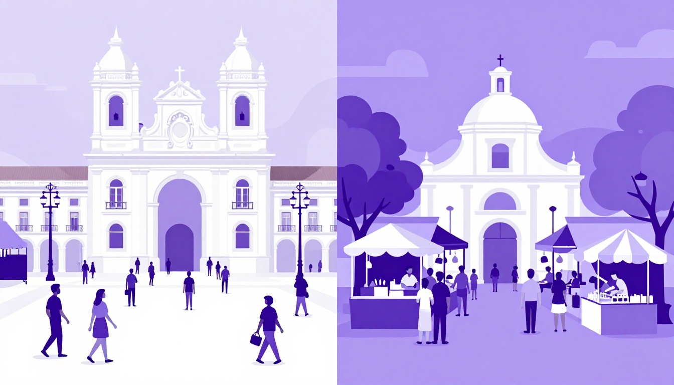 A split scene of a Lisbon square and a Brazilian street market side by side, showing the same Portuguese greetings used across both countries