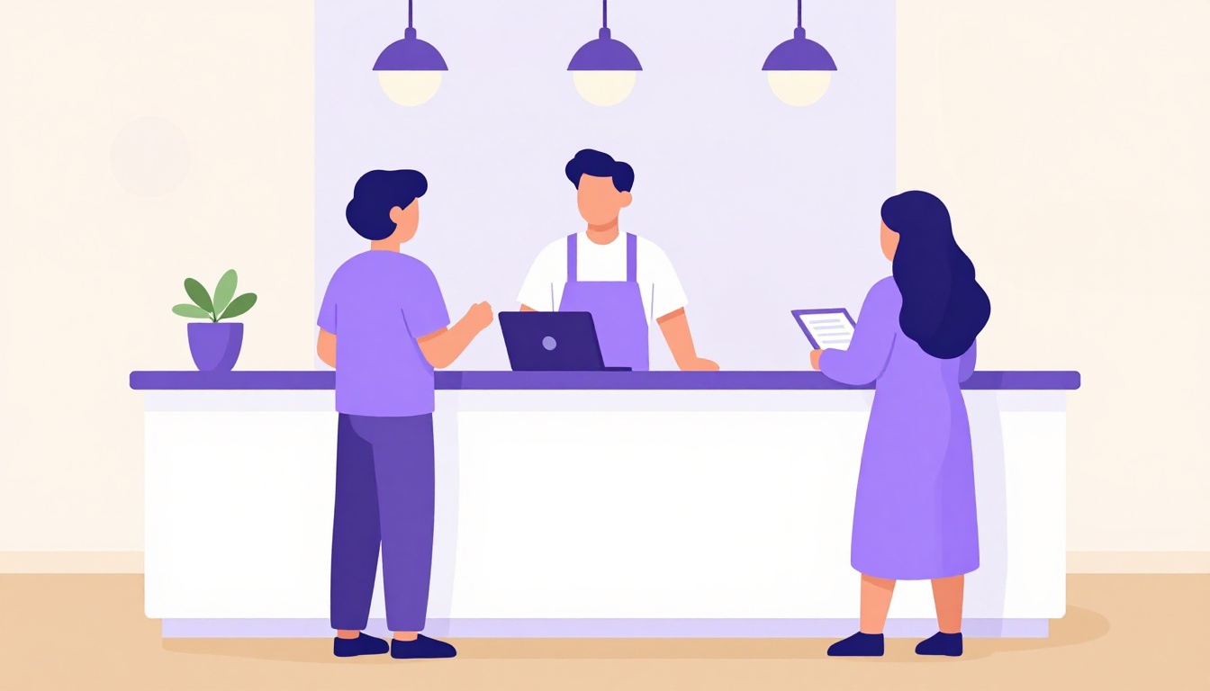 A traveler checking into a small hotel reception desk in the early afternoon, greeted warmly by the front desk staff