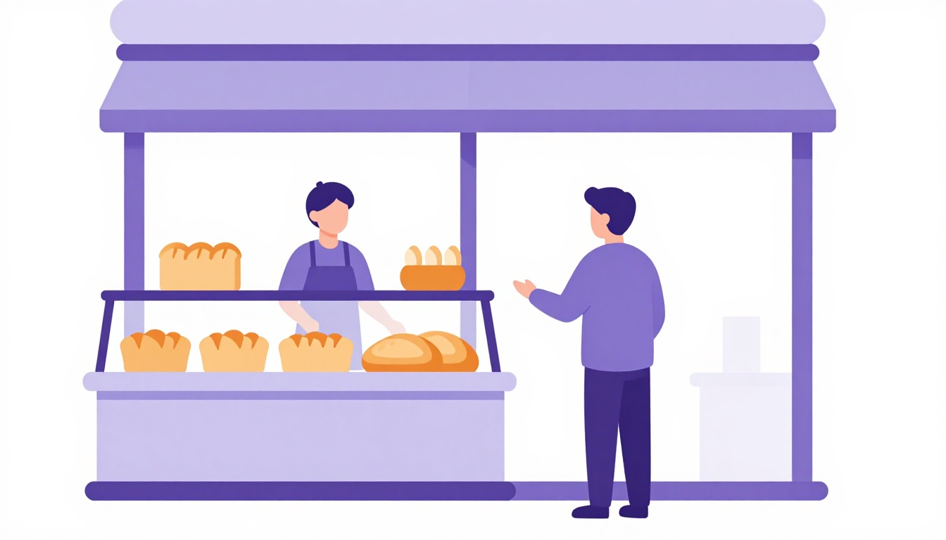 Inside a small neighborhood bakery in the afternoon, fresh bread on display while a customer greets the baker