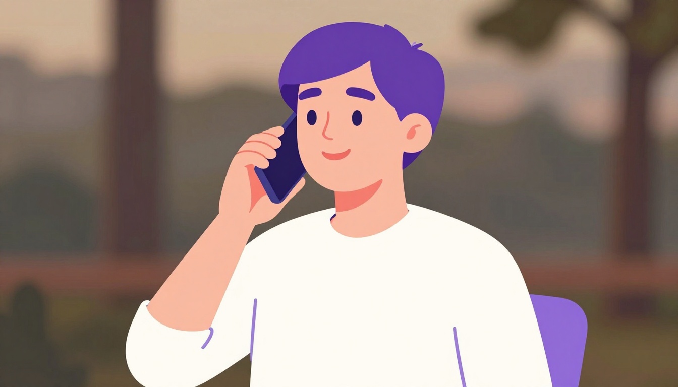 A person smiling and speaking confidently on the phone outdoors in the late afternoon light