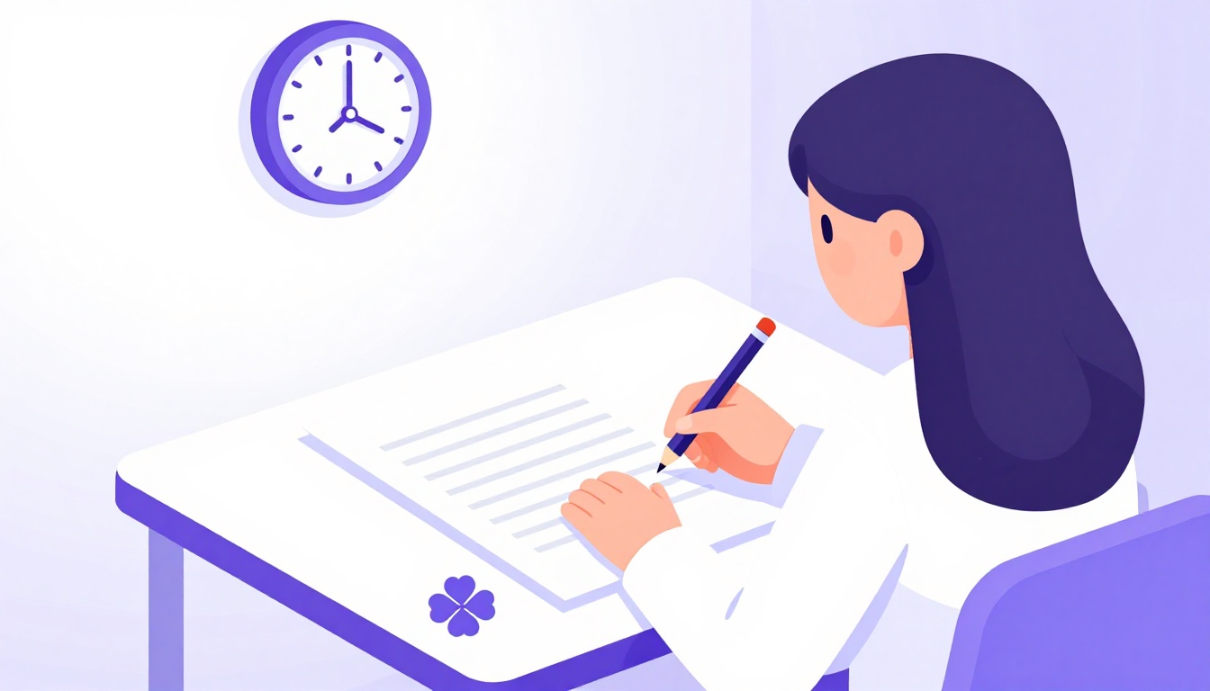 A student writing an exam with a small four-leaf clover on the desk, waiting for a good luck wish before the test