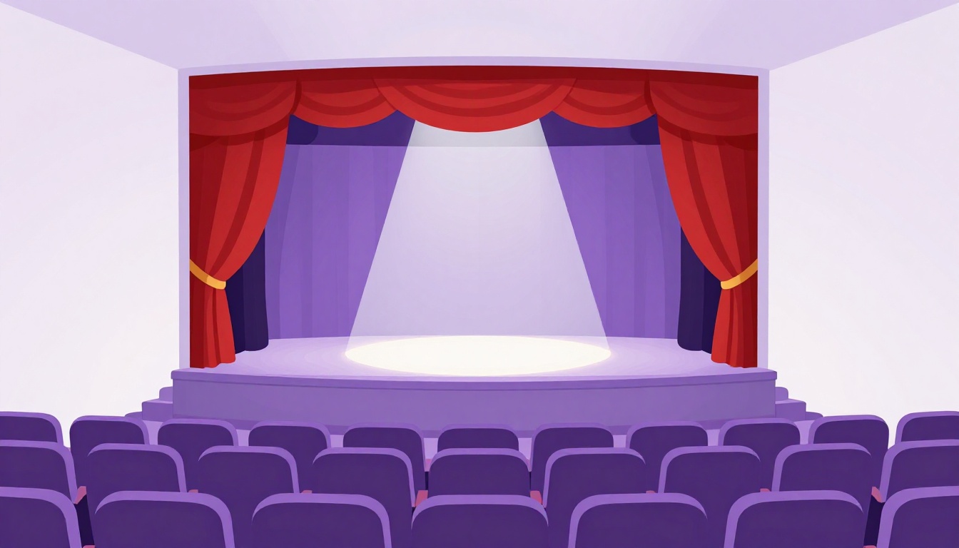 An empty theater stage with red curtains and a spotlight before a show, where Portuguese speakers say muita merda