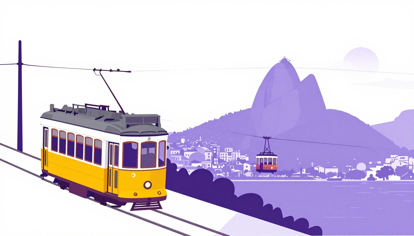 A yellow Lisbon tram beside a Rio de Janeiro style mountain, showing Portugal and Brazil