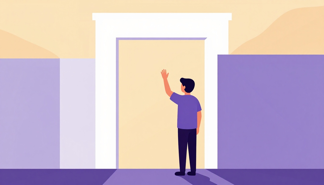 A person waving goodbye from a doorway at golden hour