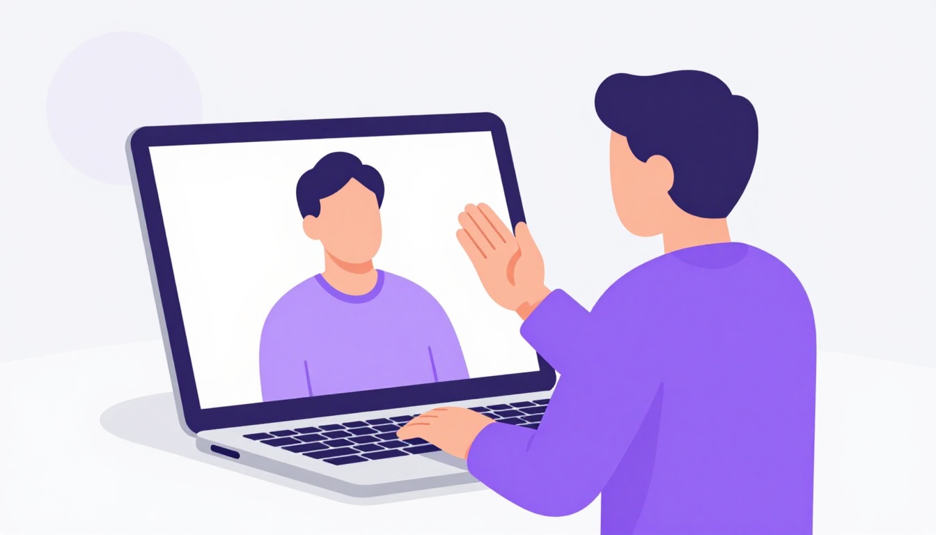 A person on a video call waving goodbye to the screen