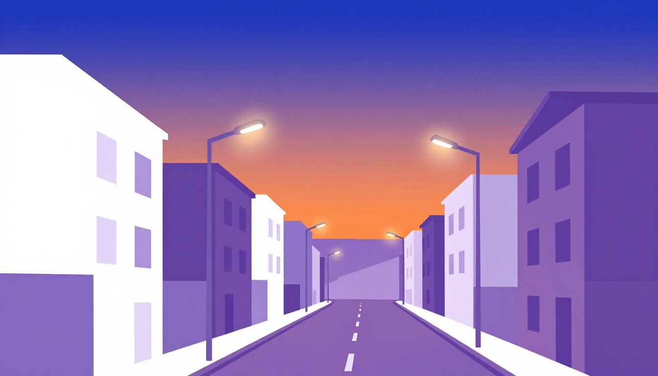 A sunset over a city street with houses, streetlights just turning on as the sky fades to dark