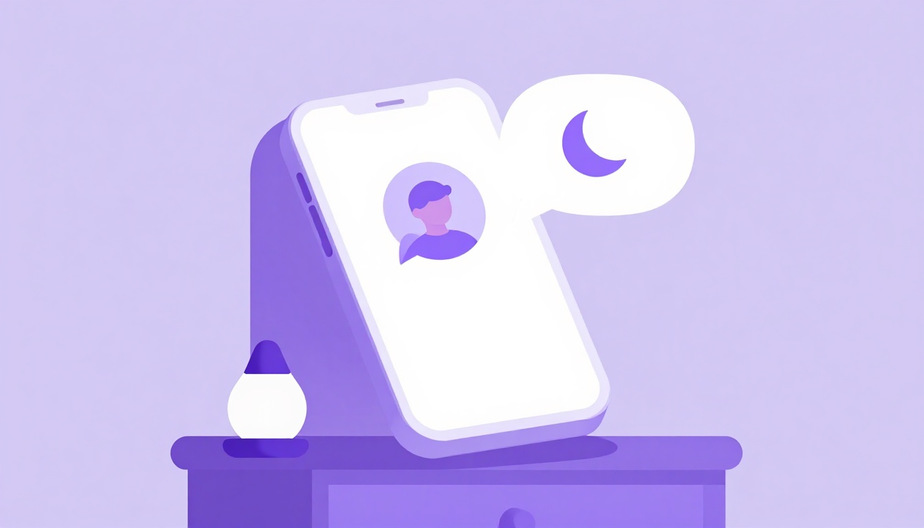A phone on a nightstand showing a goodnight text conversation with a small moon icon