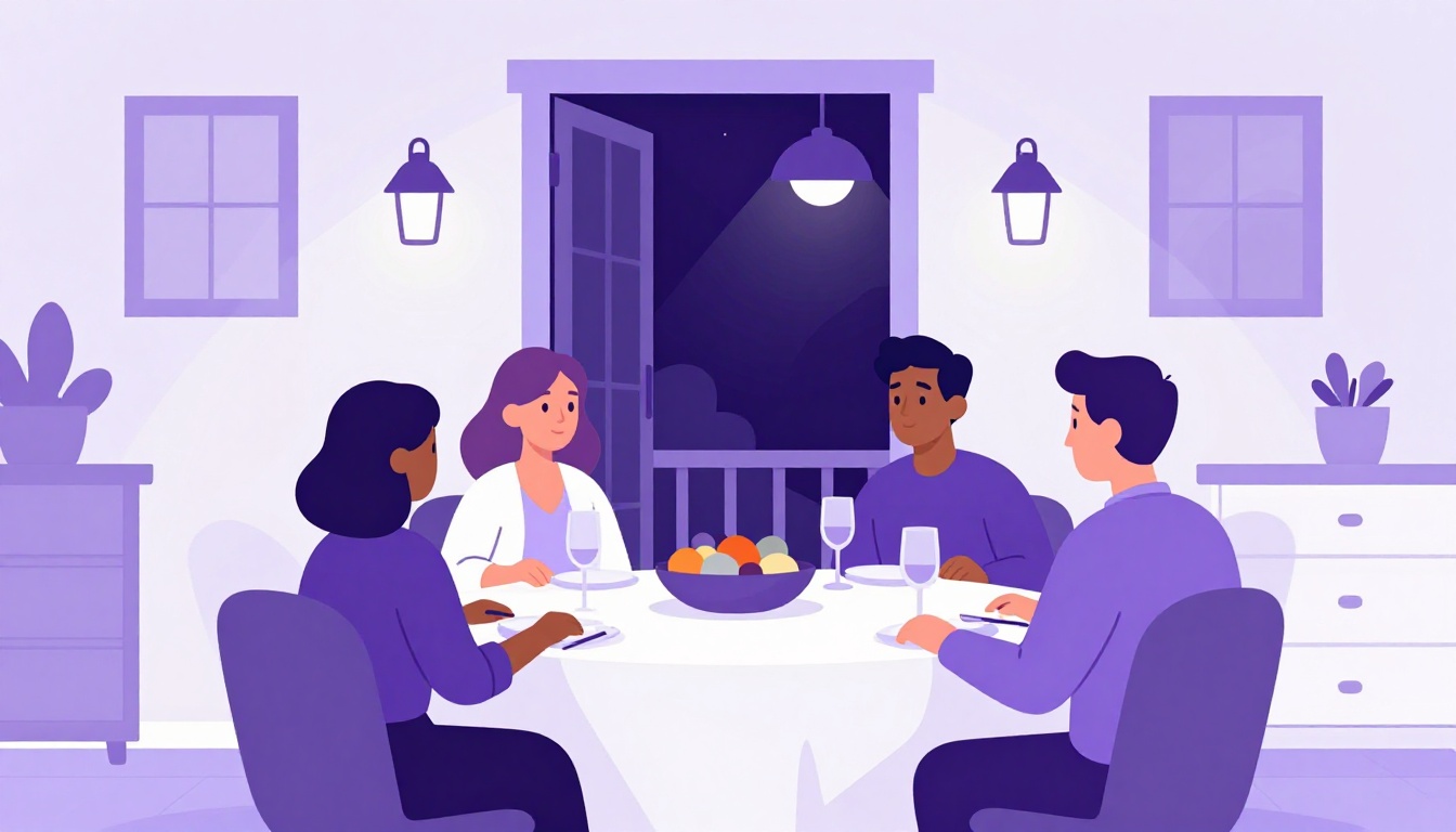 A warmly lit dinner table at night with friends gathered together, a doorway with a porch light on in the background