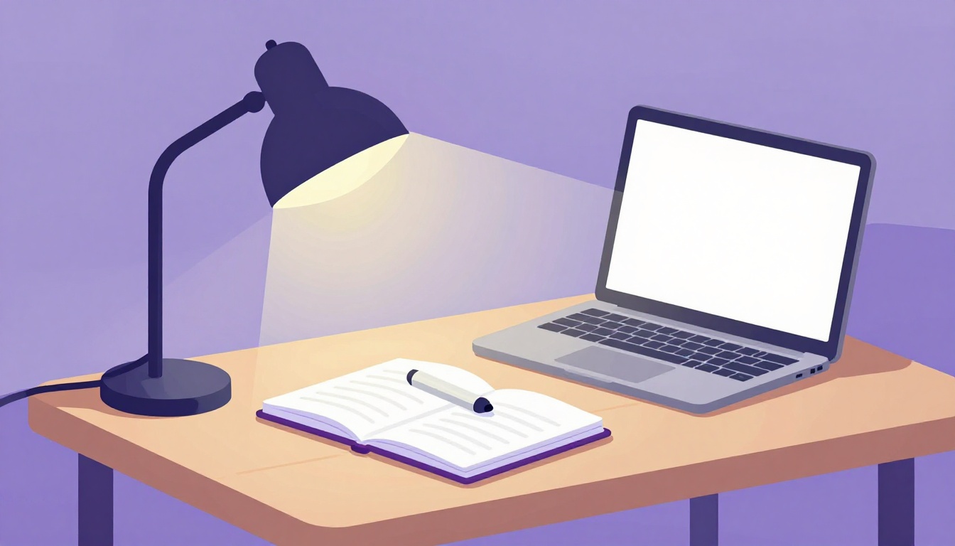 Mesa de estudos à noite com caderno aberto, luminária acesa e notebook