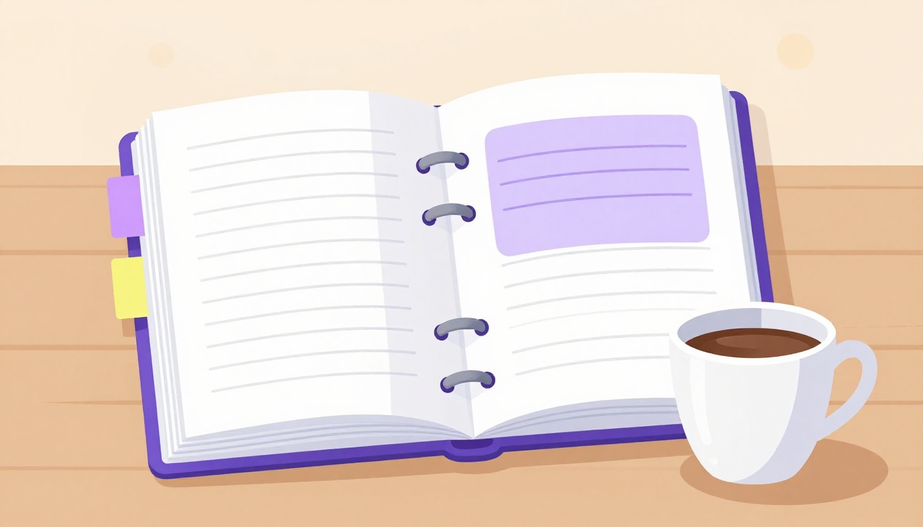 Caderno de gramática aberto com marcadores coloridos e uma xícara de café ao lado