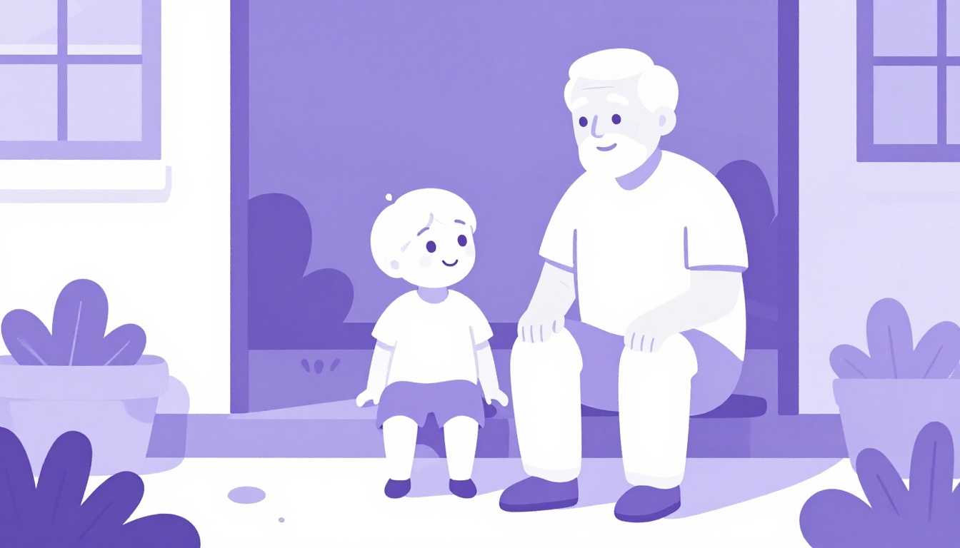 An elderly man sitting with his grandchild on a porch, both smiling in warm afternoon light
