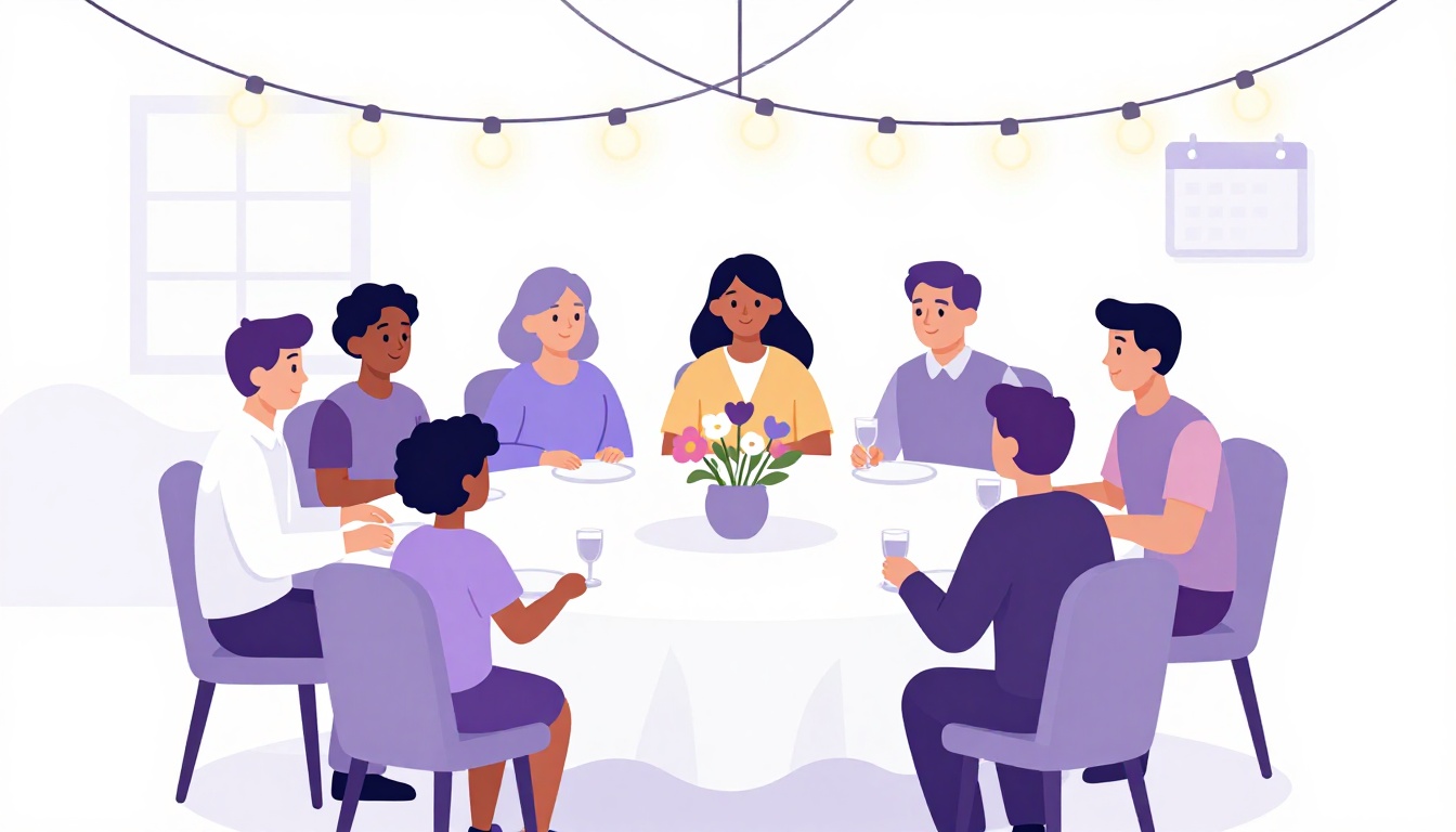 A small multi-generational family gathered around a table with flowers and warm string lights, celebrating together