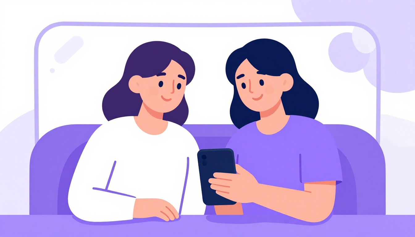 Two people smiling during a warm video call on a phone, representing a long-distance family conversation
