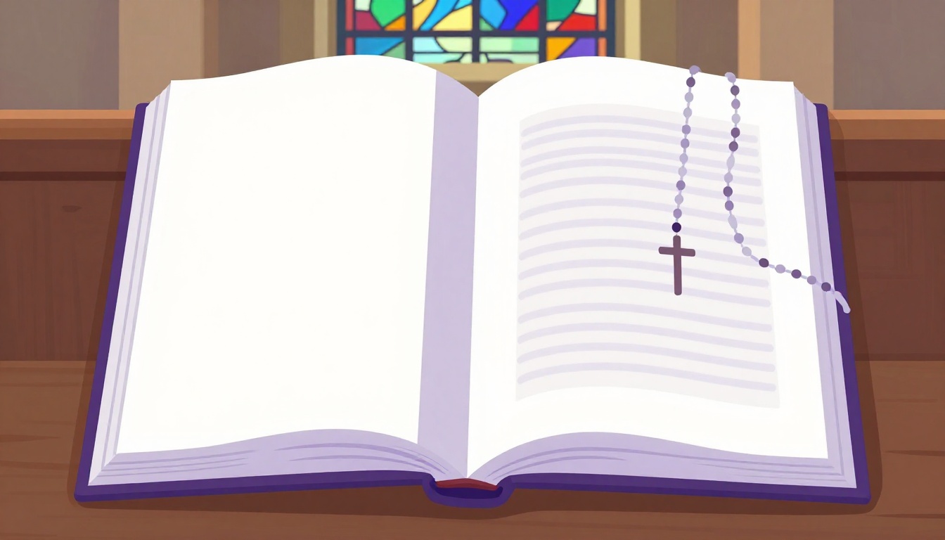 Open prayer book and rosary on a table, illustrating the Hail Mary in Portuguese