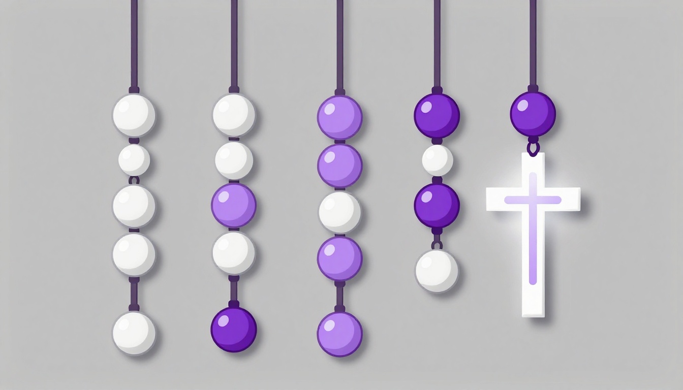 Rosary beads arranged in a loop on a soft purple surface, illustrating the terço and the Hail Mary in Portuguese