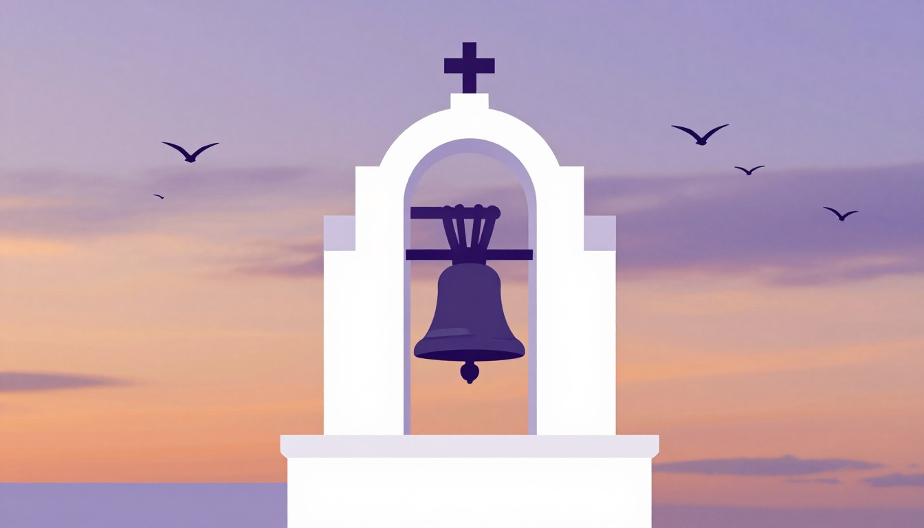 Church bell silhouetted against a sunset sky, illustrating the ave-marias hour and the Ângelus