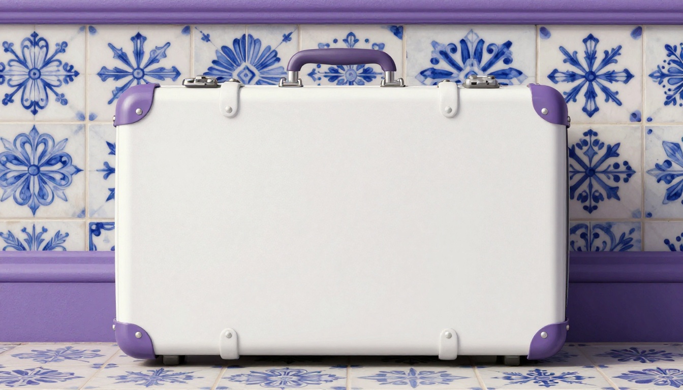 Open suitcase with a Portugal tiled wall pattern in the background representing Portuguese birthday travel culture