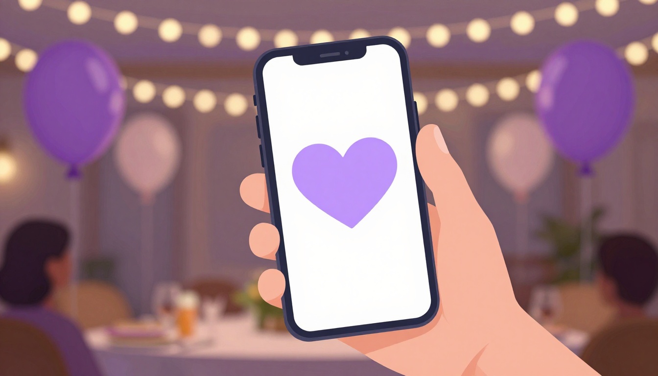 Hand holding a smartphone with a heart on the screen at a birthday party in Portugal