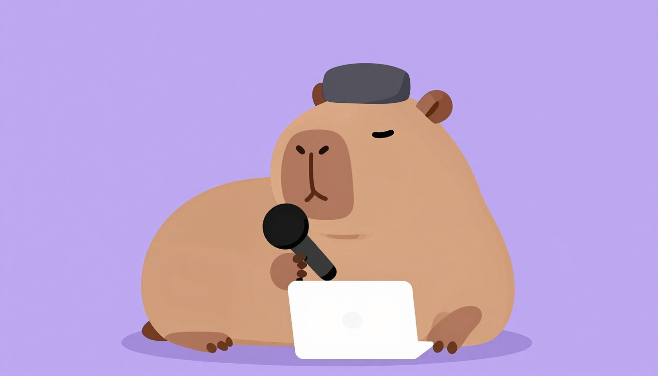 Capy the capybara speaking into a small microphone representing spoken Portuguese practice