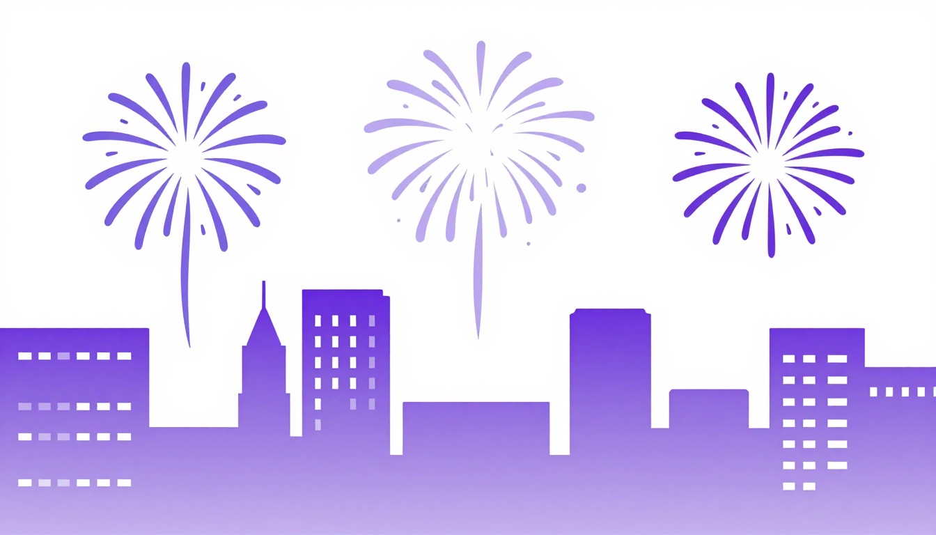 Fireworks bursting over a nighttime city skyline during a New Year countdown