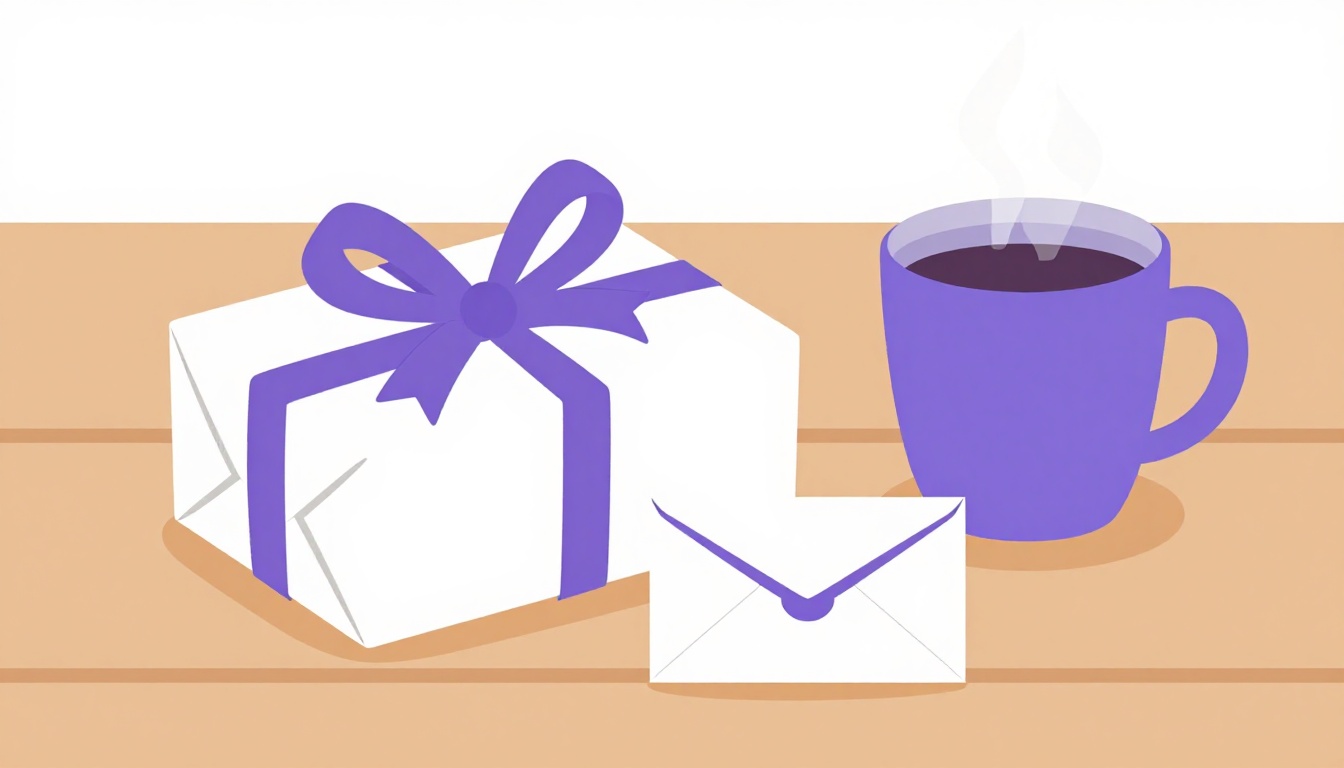 A wrapped gift box and a sealed envelope beside a warm cup of coffee on a wooden table