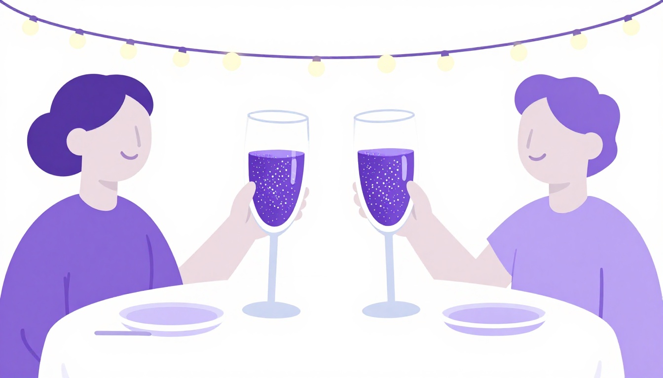 A festive table set with sparkling wine glasses being raised in a toast at night