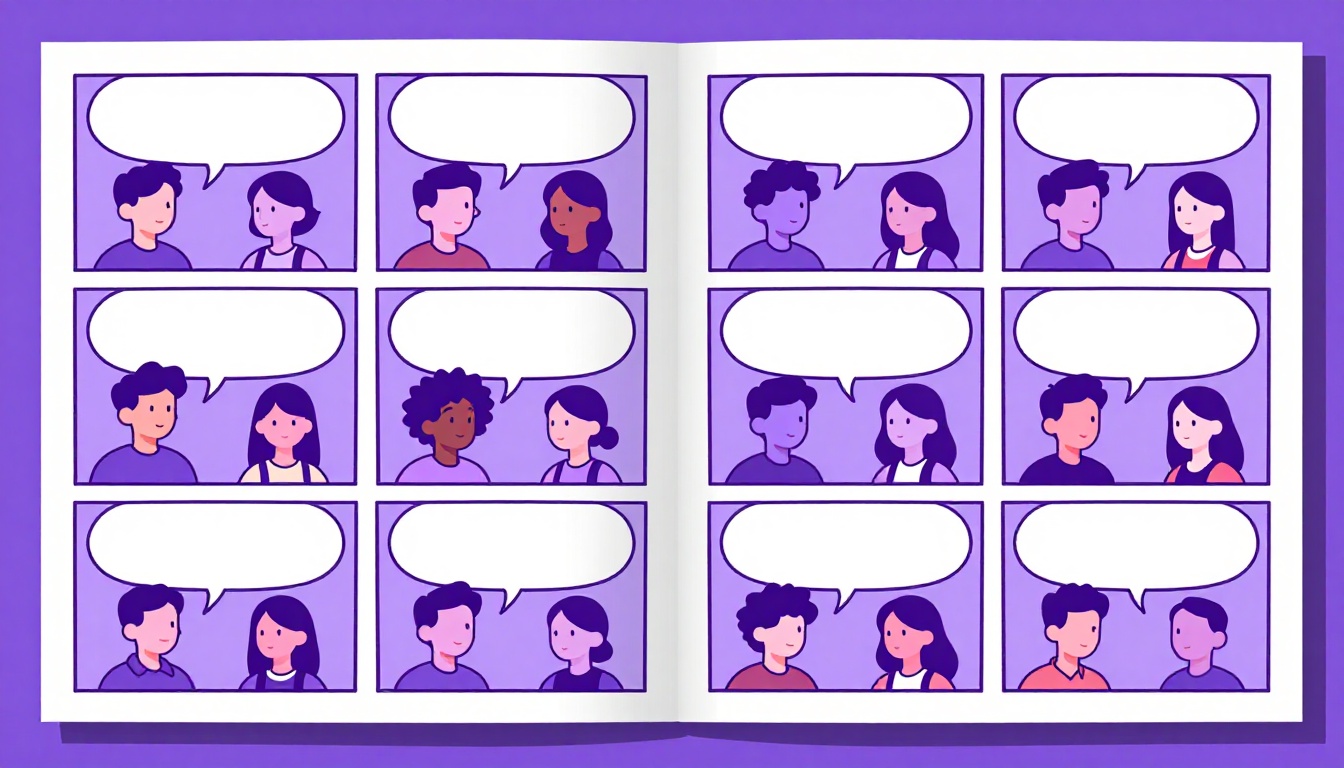Painéis coloridos de uma história em quadrinhos em inglês com balões de fala vazios