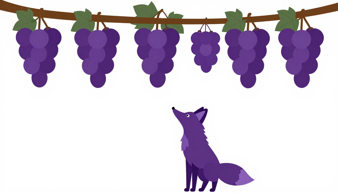 Raposa olhando para um cacho de uvas pendurado alto em uma videira