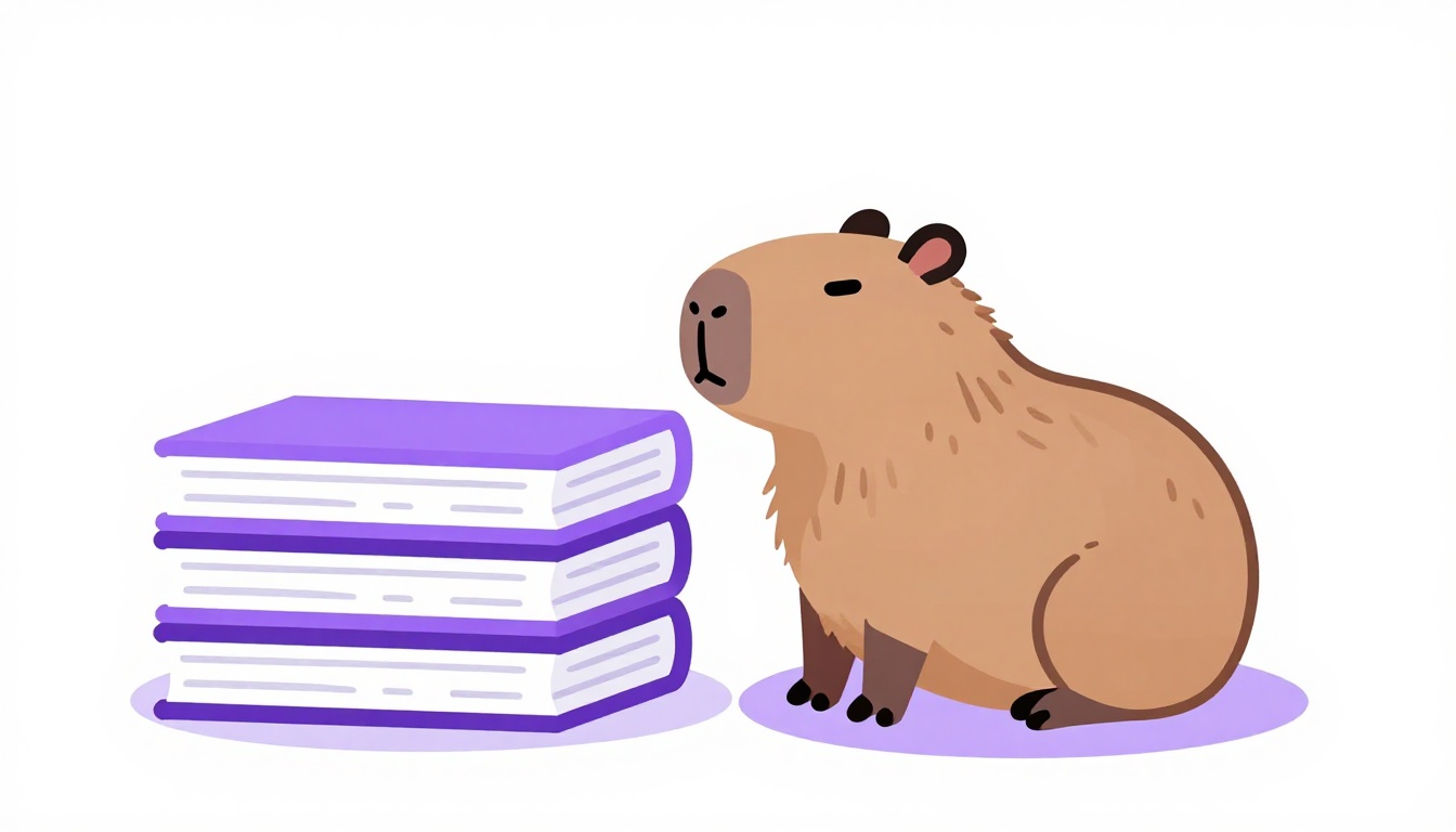Capivara sentada de forma acolhedora ao lado de uma pilha de páginas de história