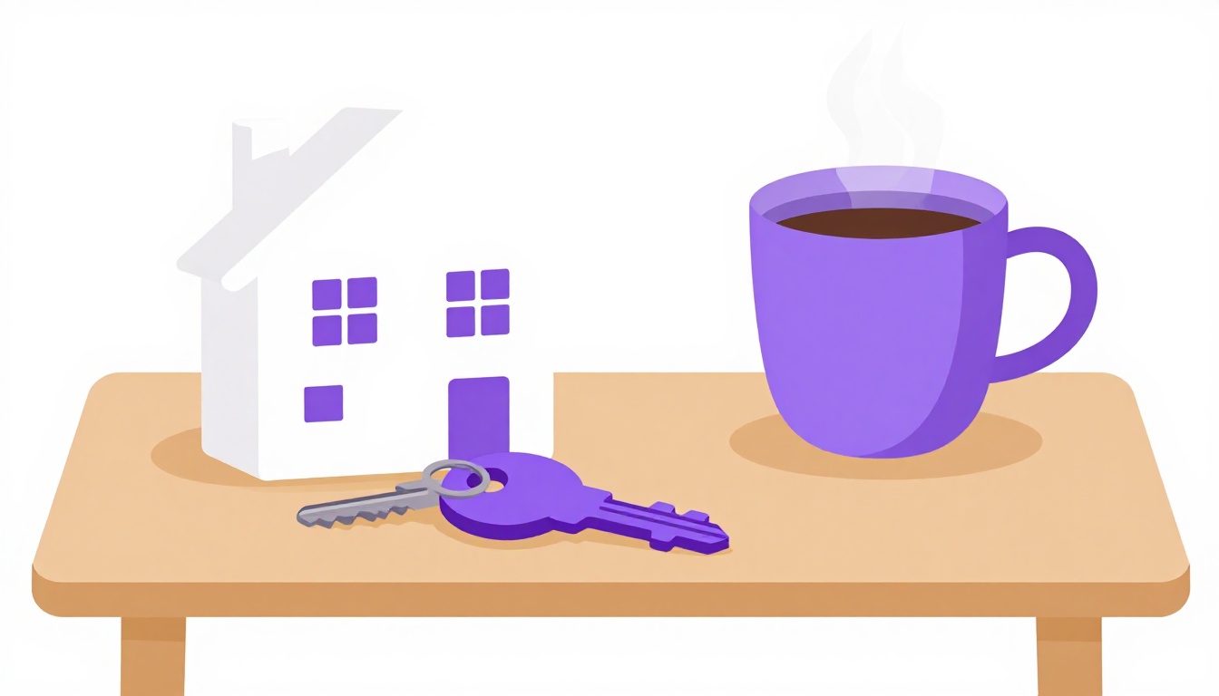 Set of house keys resting on a wooden kitchen table beside a cup of coffee