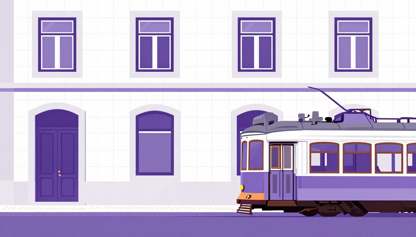 a European tiled building beside a classic yellow tram, evoking a Lisbon street scene