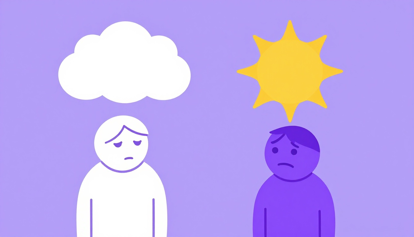a person looking tired with a small cloud icon and a person looking energetic with a small sun icon, side by side