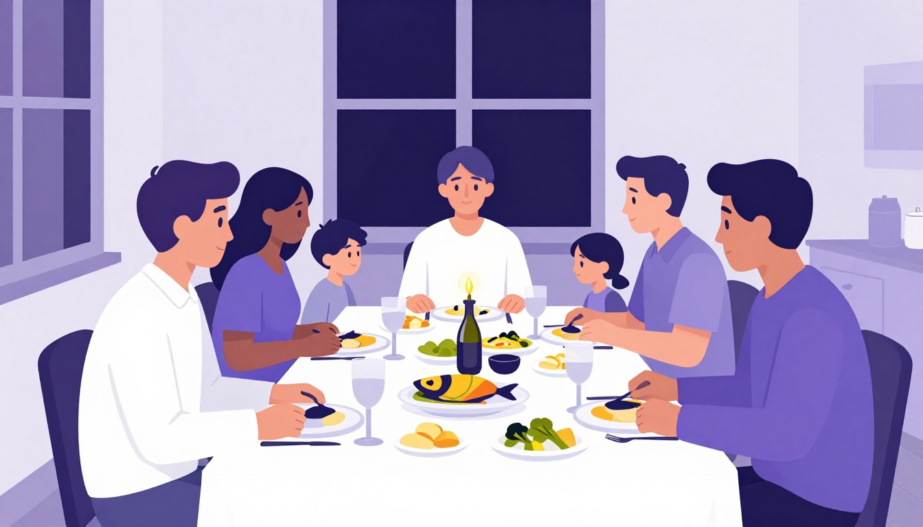 A Portuguese family gathered around a candlelit table set for the Consoada Christmas Eve dinner