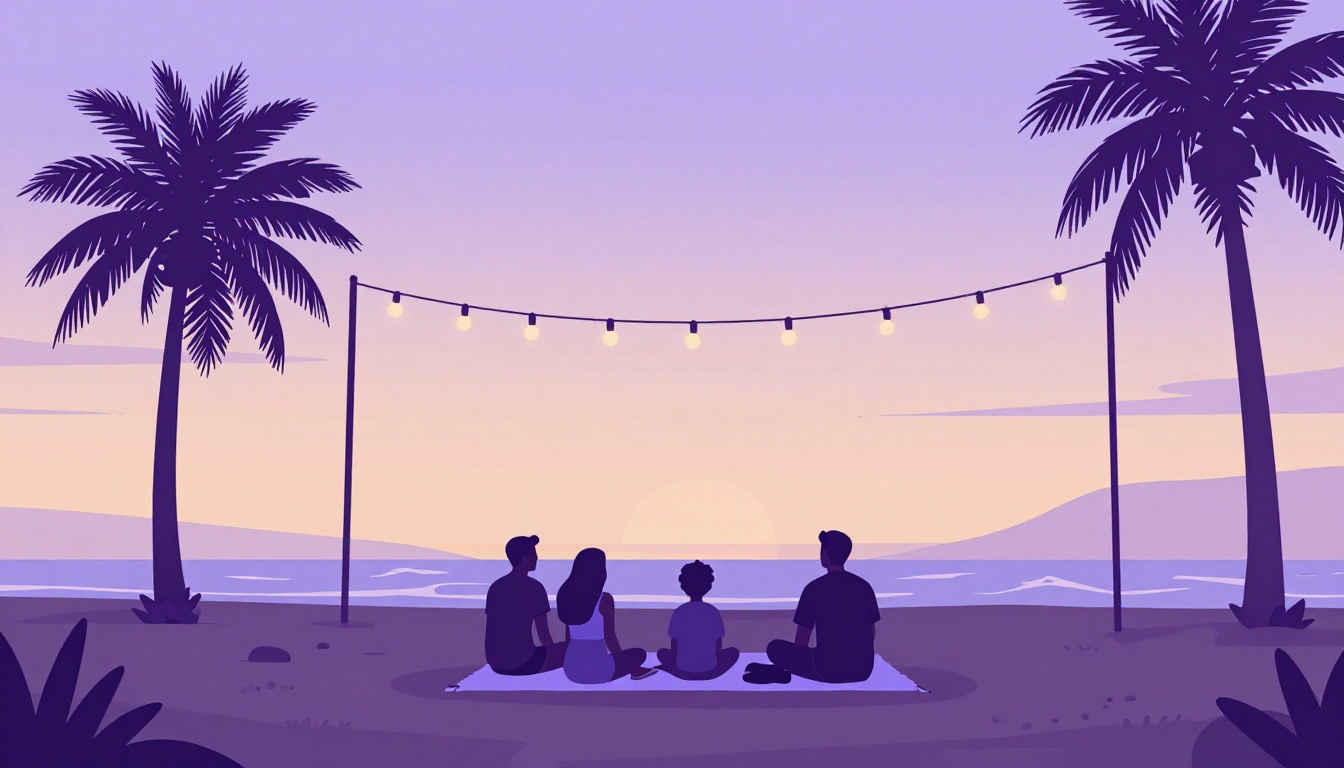 A Brazilian family celebrating Christmas Eve outdoors on a beach at sunset
