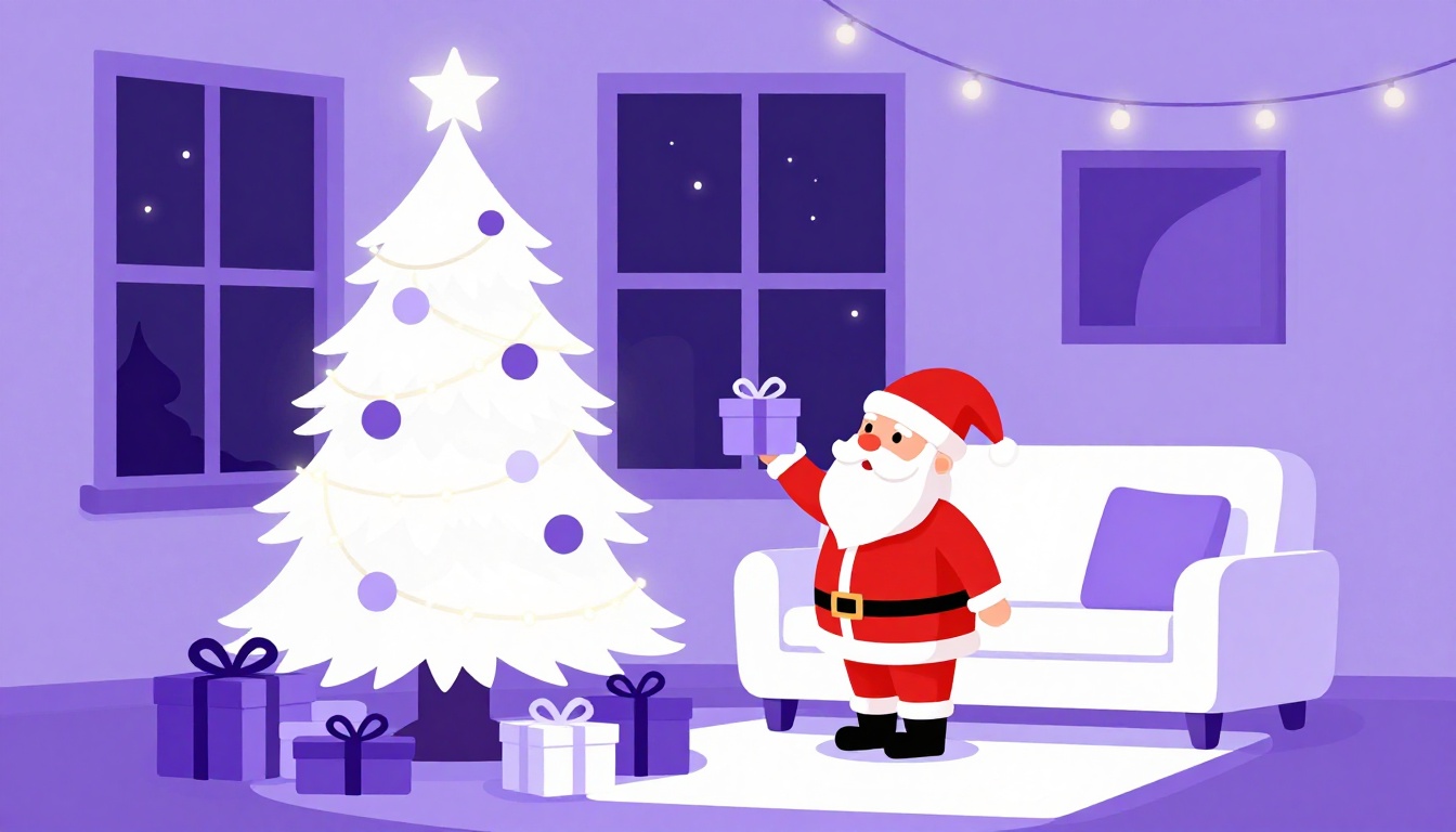 Papai Noel placing wrapped gifts under a decorated Christmas tree at night