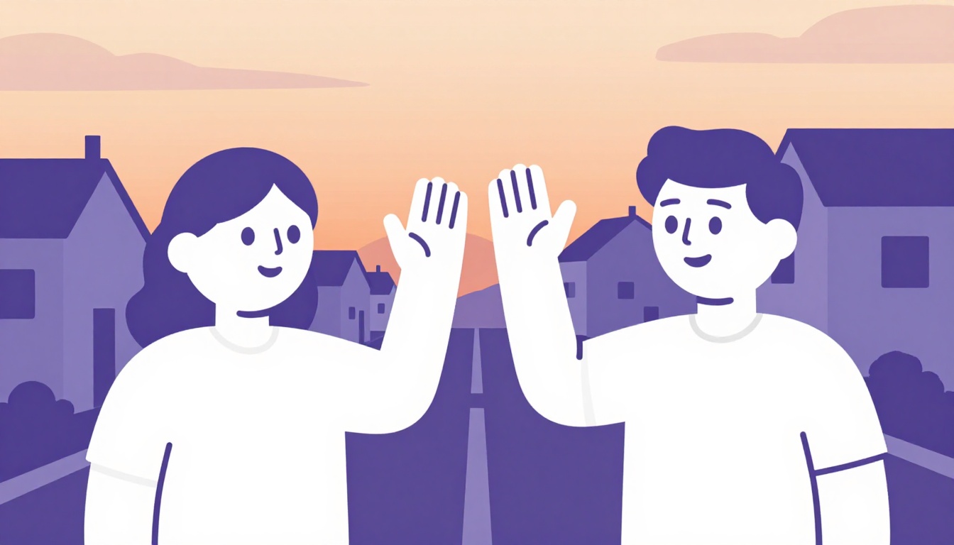 Two friends greeting each other with bom dia on a sunlit street in Brazil