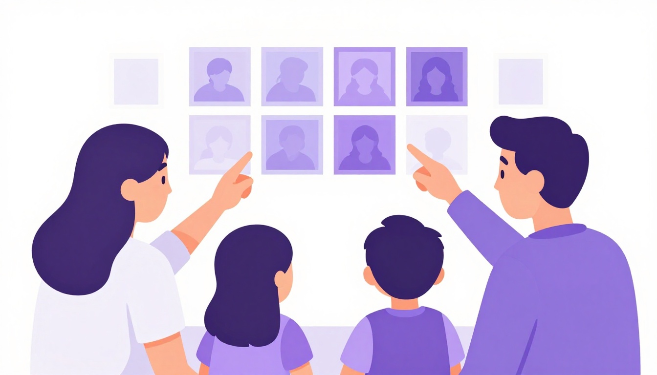 Family gathered around a phone during a video call, smiling and pointing at old photographs